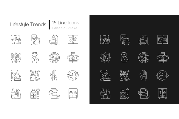 Lifestyle trends linear icons set for dark and light mode. Editable Stroke