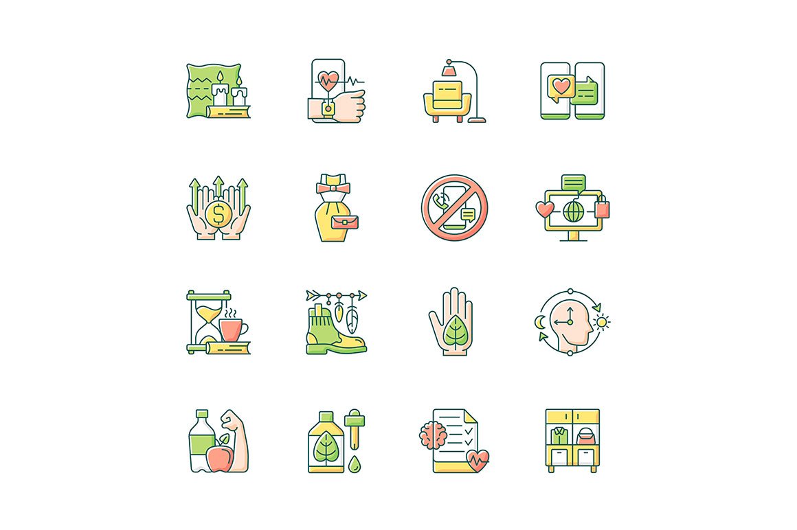 Lifestyle trends RGB color icons set