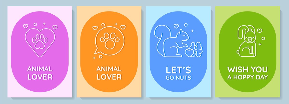 Love your pet day celebration postcard with linear glyph icon set