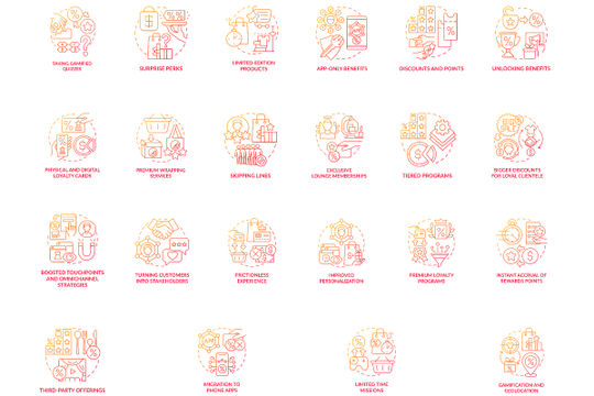 Loyalty program red gradient concept icons set