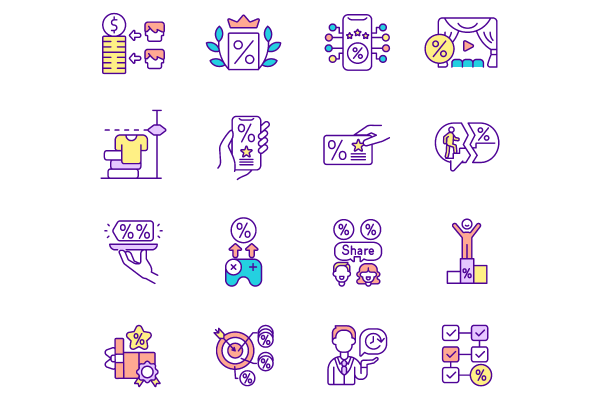 Loyalty program related light and dark theme RGB color icons set