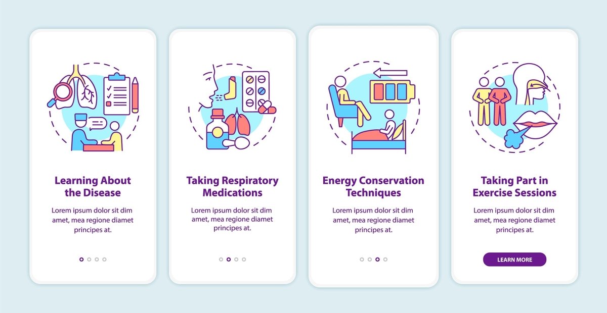 Lungs diseases recovery onboarding mobile app page screen set