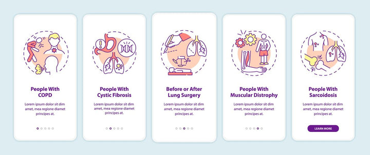 Lungs diseases recovery onboarding mobile app page screen set