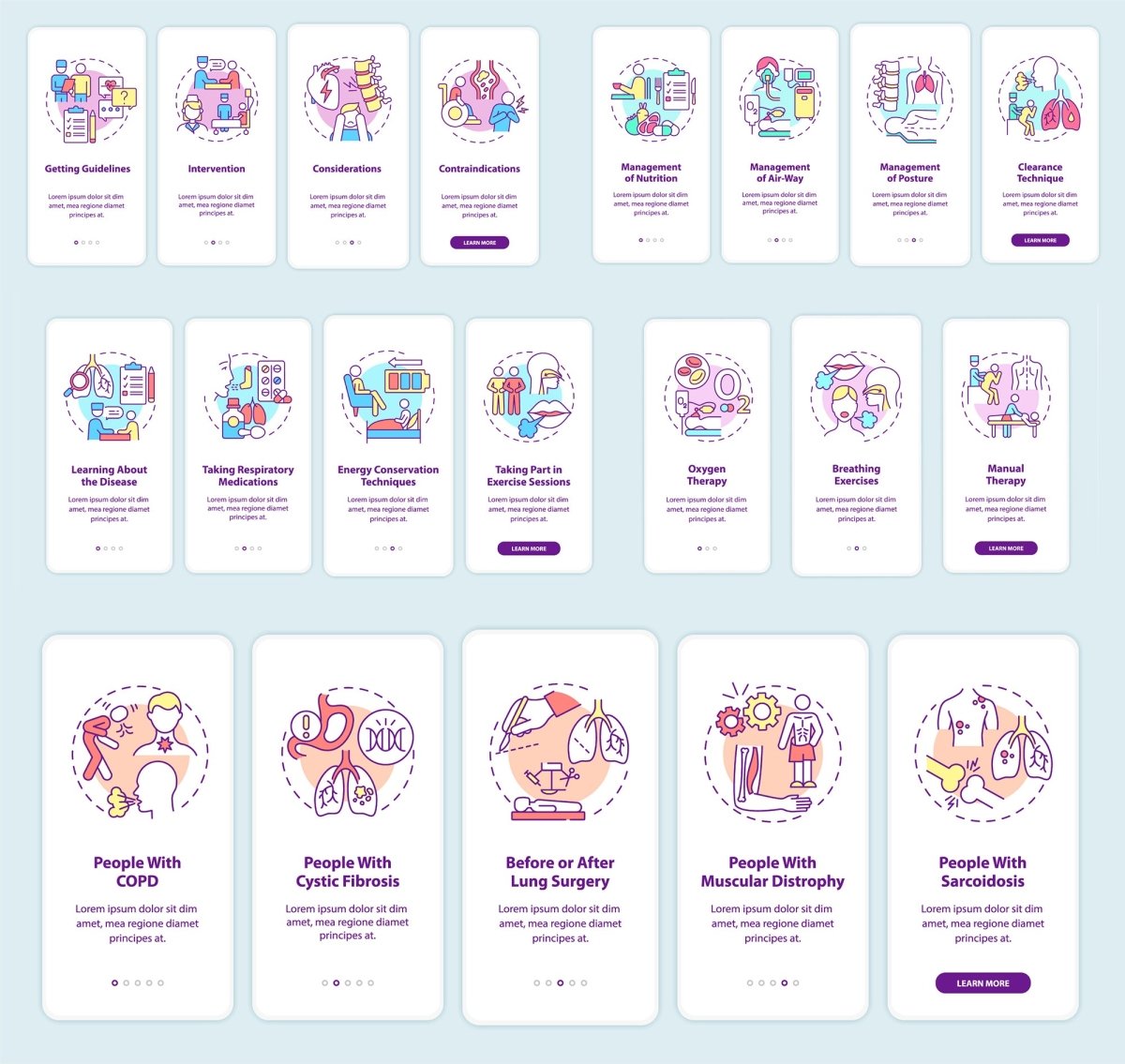 Lungs diseases recovery onboarding mobile app page screen set