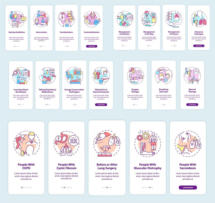 Lungs diseases recovery onboarding mobile app page screen set