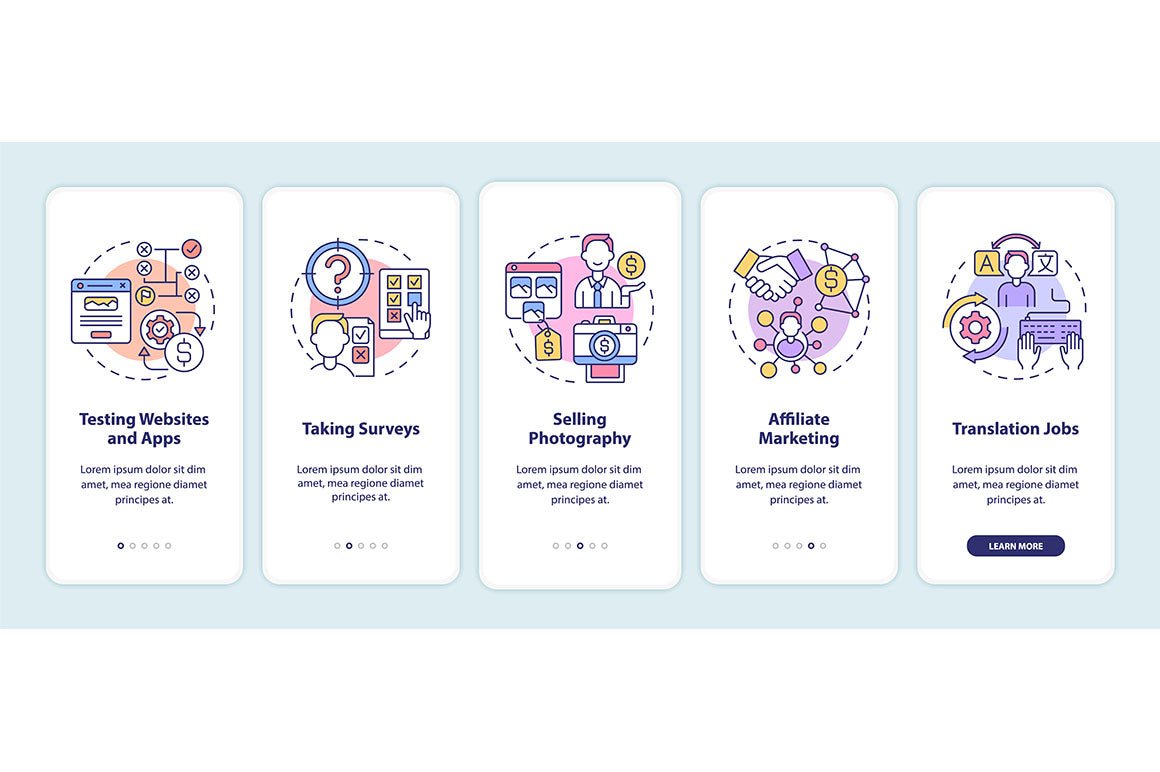 Making money online onboarding mobile app page screen bundle