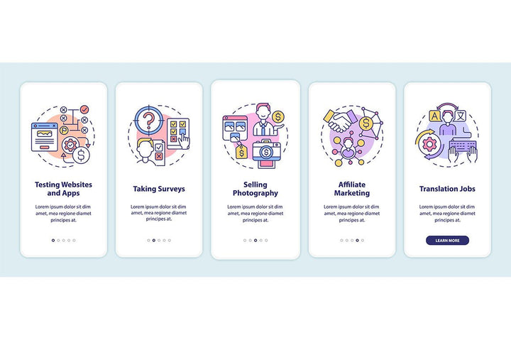 Making money online onboarding mobile app page screen bundle