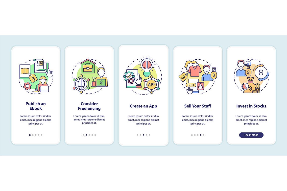 Making money online onboarding mobile app page screen bundle