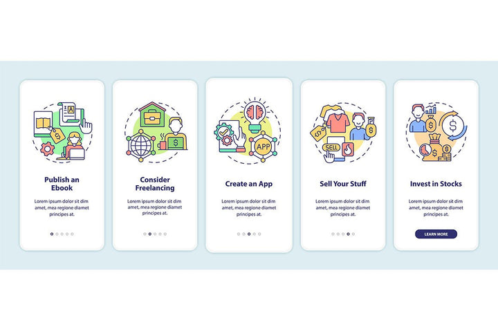 Making money online onboarding mobile app page screen bundle