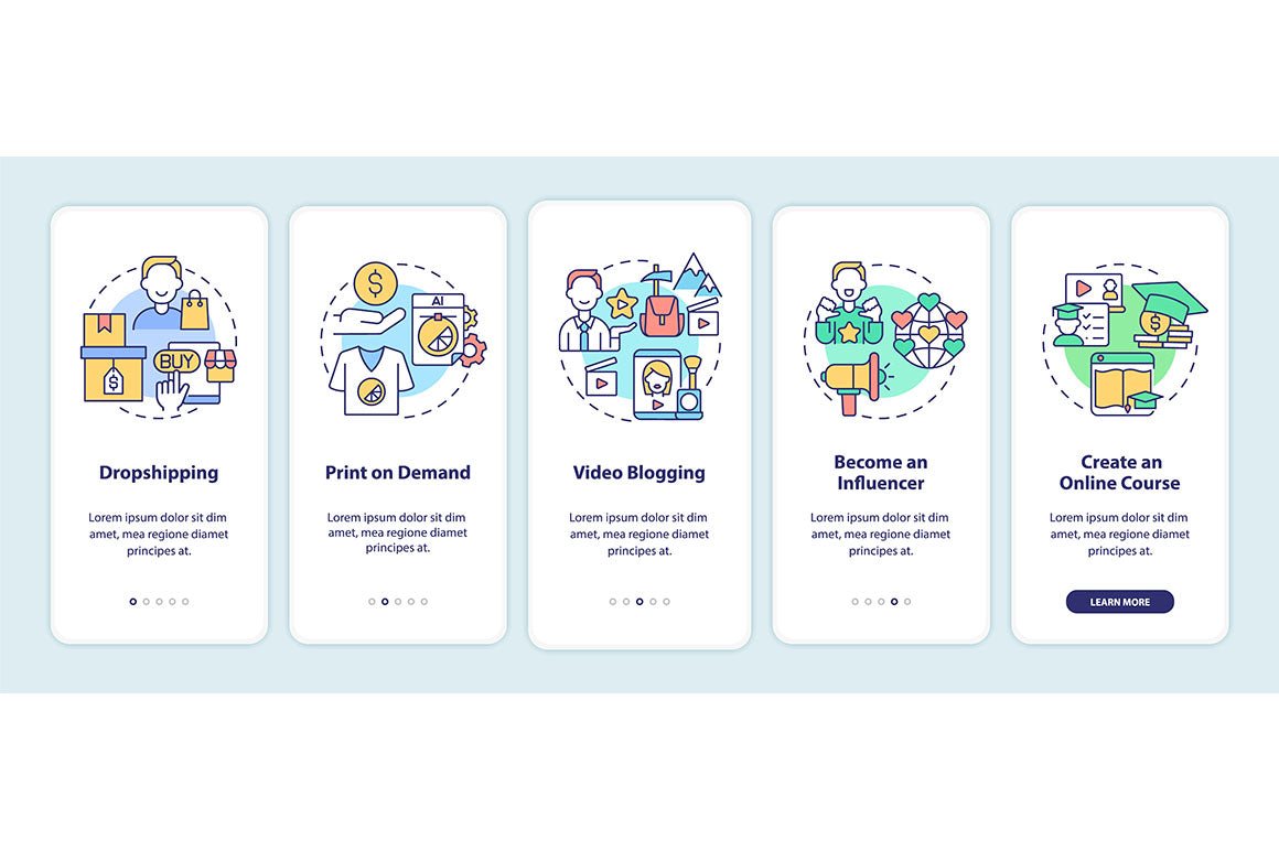Making money online onboarding mobile app page screen bundle