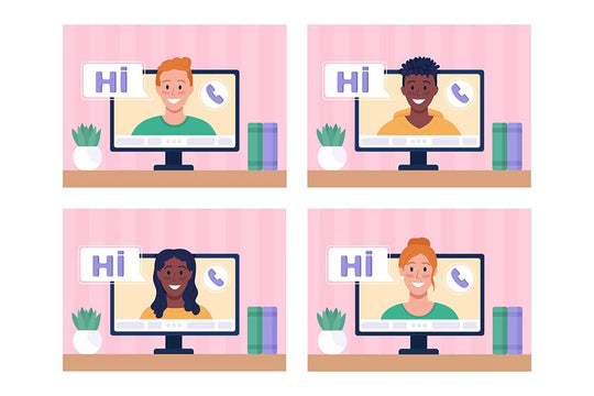 Making video call at home flat color vector illustrations set
