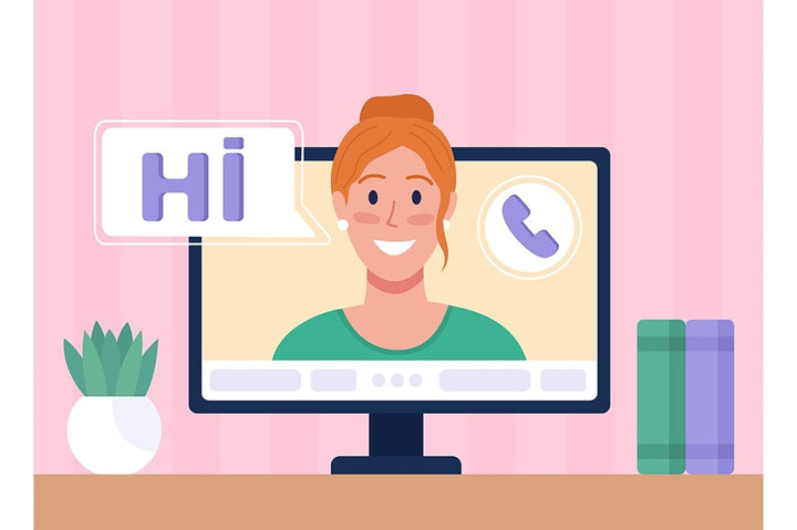 Making video call at home flat color vector illustrations set