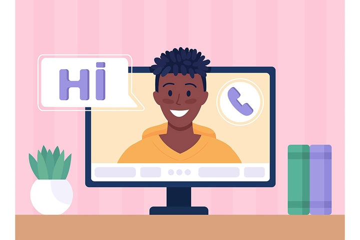 Making video call at home flat color vector illustrations set