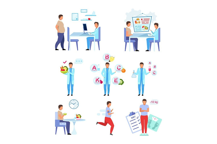 Male obesity problem flat vector illustrations set