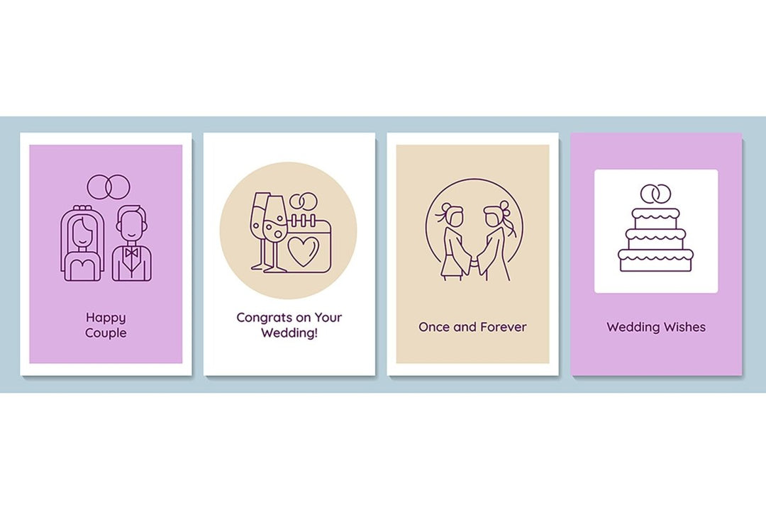Married life beginning postcards with linear glyph icon set