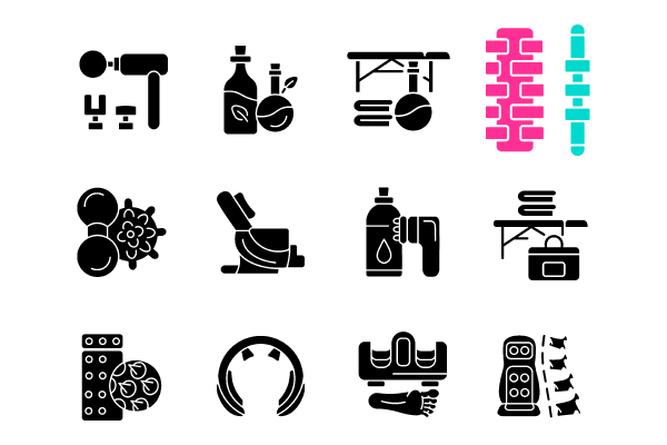Massage tools and equipment black glyph icons set on white space