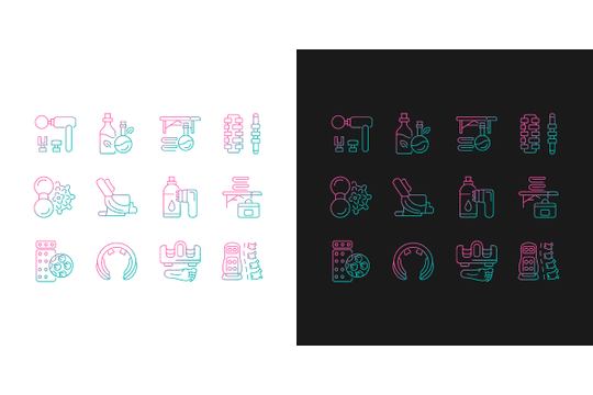 Massage tools and equipment gradient icons set for dark and light mode