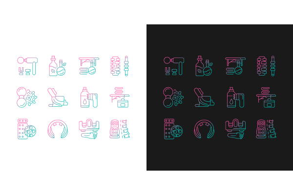Massage tools and equipment gradient icons set for dark and light mode