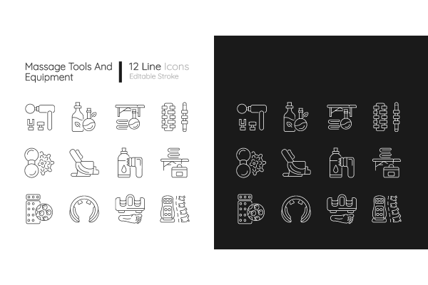 Massage tools and equipment linear icons set for dark and light mode