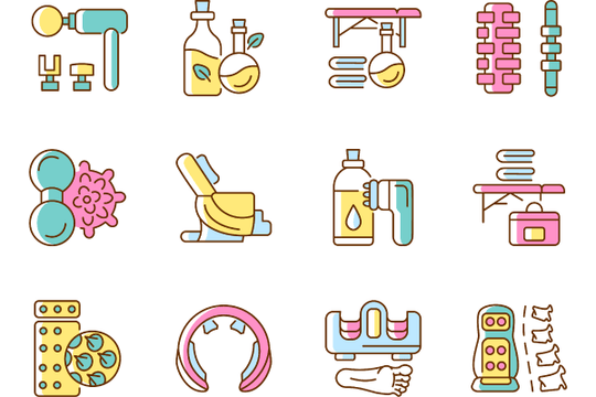 Massage tools and equipment RGB color icons set