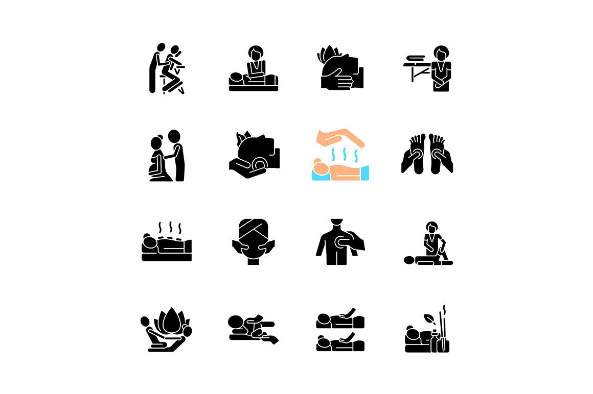 Massage types black glyph icons set on white space
