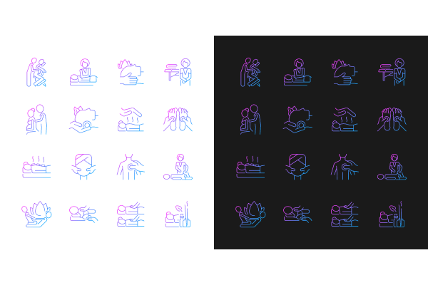 Massage types gradient icons set for dark and light mode