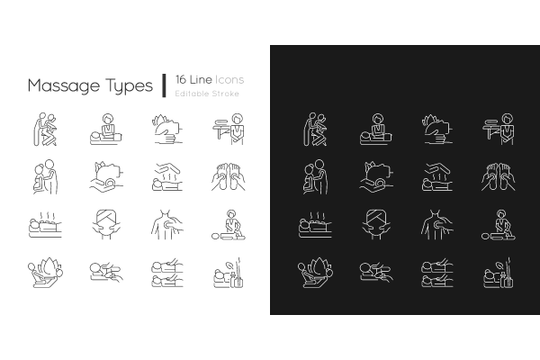Massage types linear icons set for dark and light mode