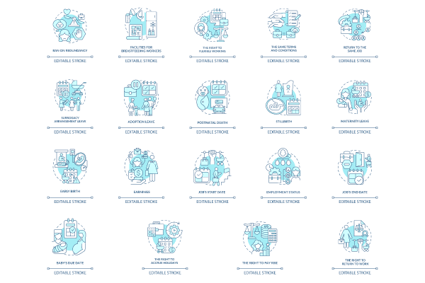 Maternity leave related blue concept icons set
