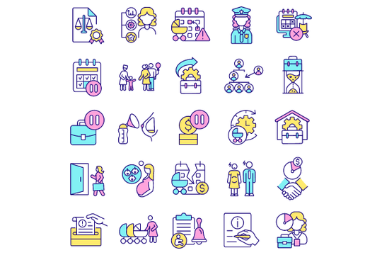 Maternity leave related RGB color icons set