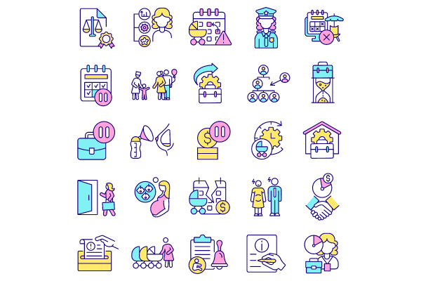 Maternity leave related RGB color icons set