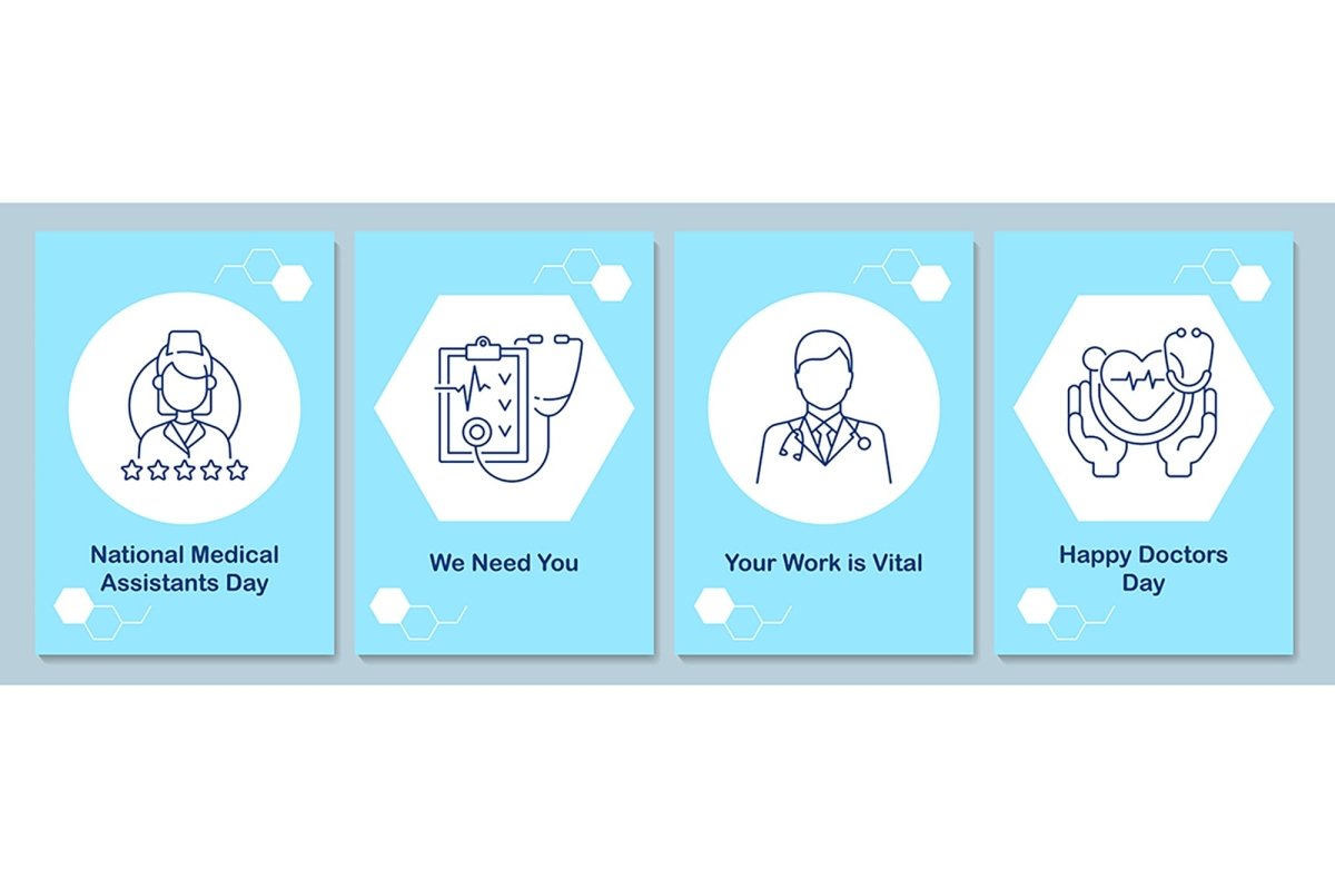 Medical assistants recognition day postcards with linear glyph icon set
