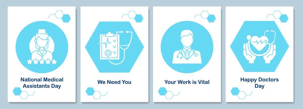 Medical assistants week greeting cards with glyph icon element set