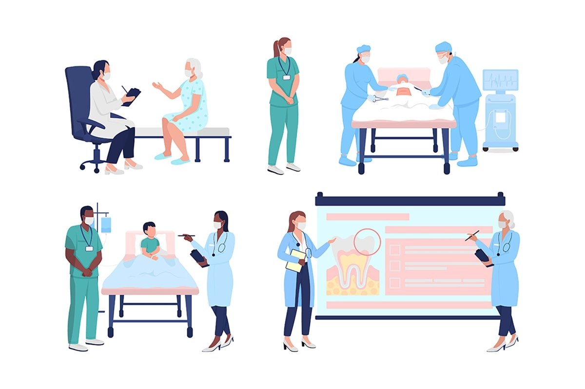 Medical education semi flat color vector character set