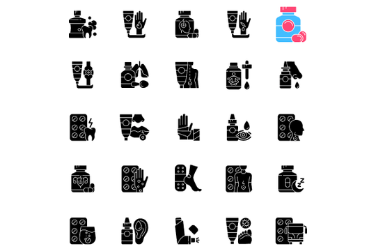Medical treatment black glyph icons set on white space