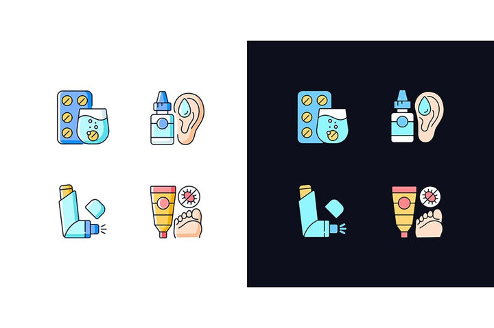 Medical treatment light and dark theme RGB color icons set