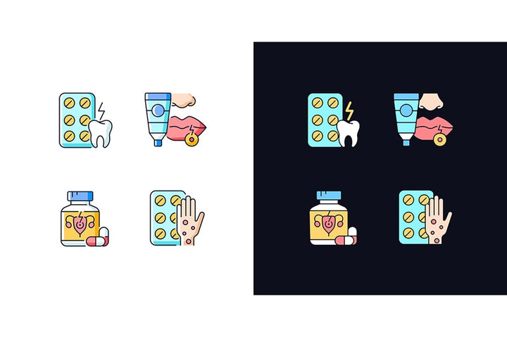 Medical treatment light and dark theme RGB color icons set
