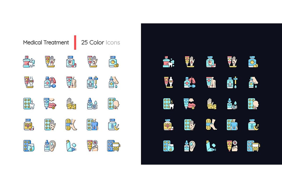Medical treatment light and dark theme RGB color icons set