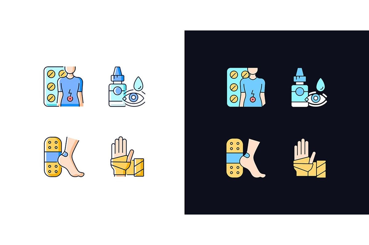 Medical treatment light and dark theme RGB color icons set
