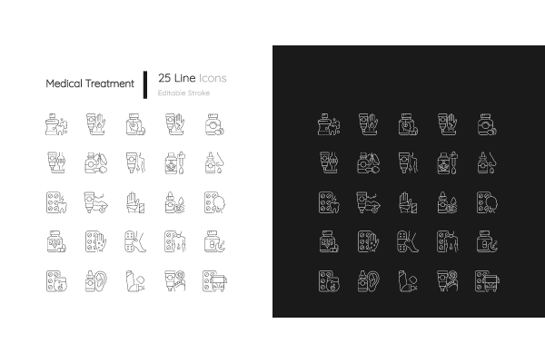 Medical treatment linear icons set for dark and light mode