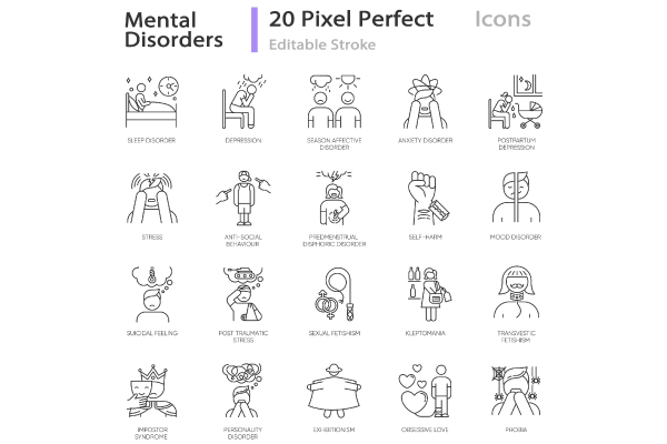 Mental disorder linear icons set