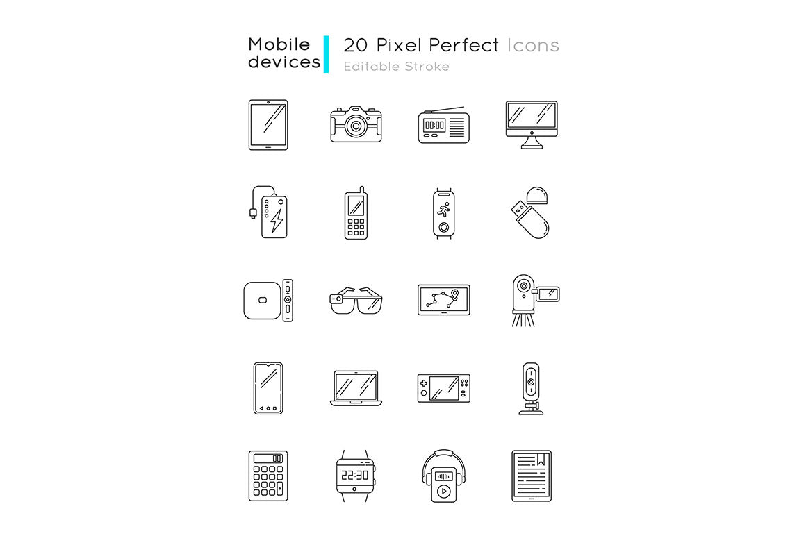 Mobile devices pixel perfect linear icons set