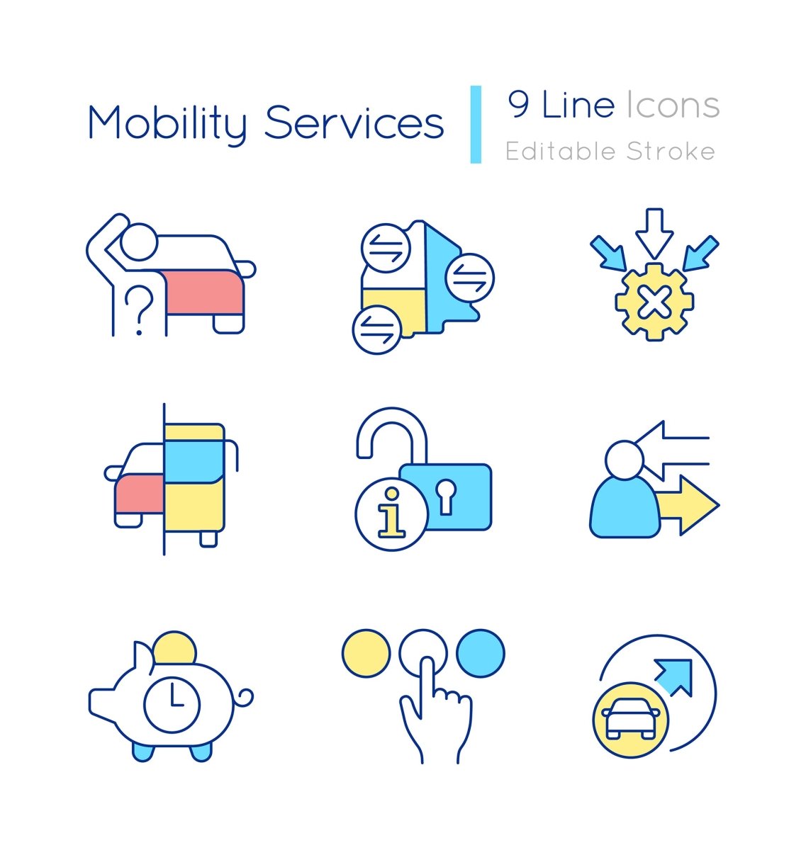 Mobility services RGB color icons set