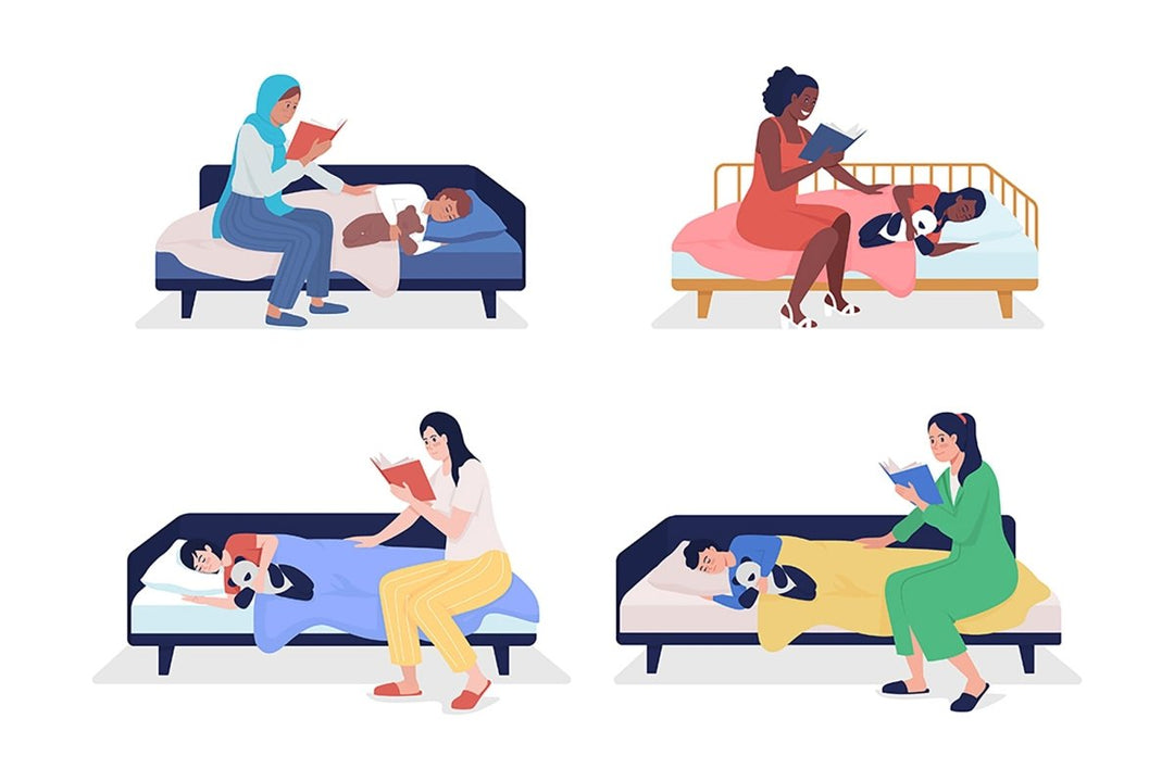 Mom read for child semi flat color vector character set