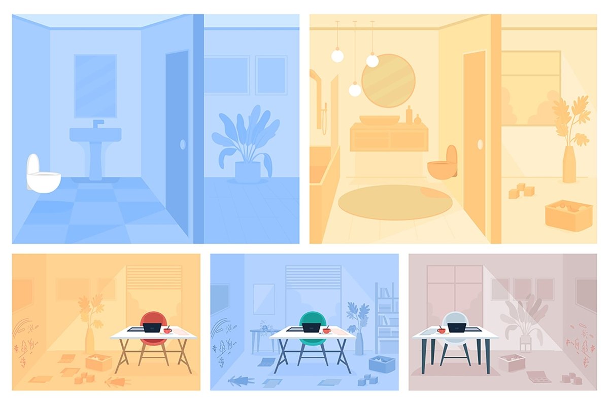 Monochrome bathroom flat color vector illustration set