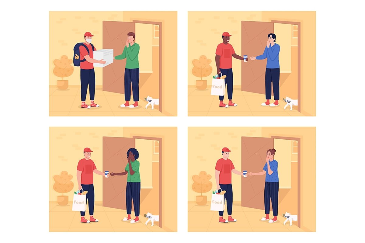 Morning delivery to door flat color vector illustration set