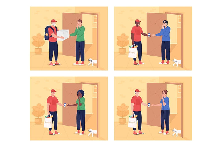 Morning delivery to door flat color vector illustration set