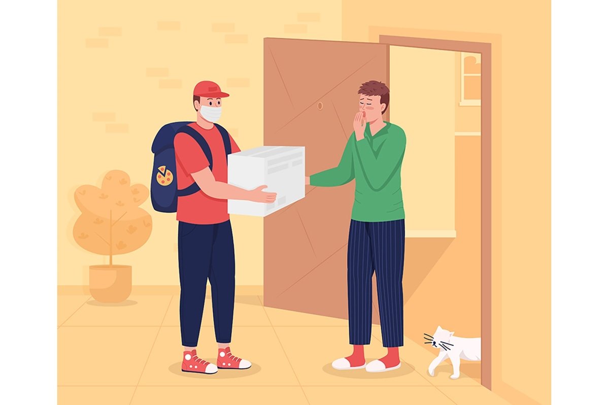 Morning delivery to door flat color vector illustration set