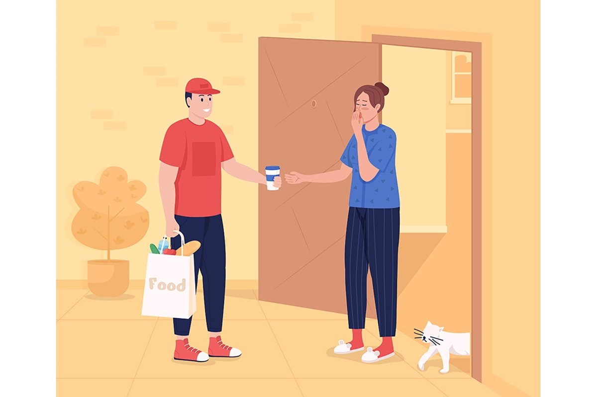 Morning delivery to door flat color vector illustration set