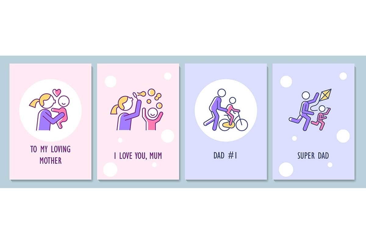Mothers and fathers day greeting card with color icon element set