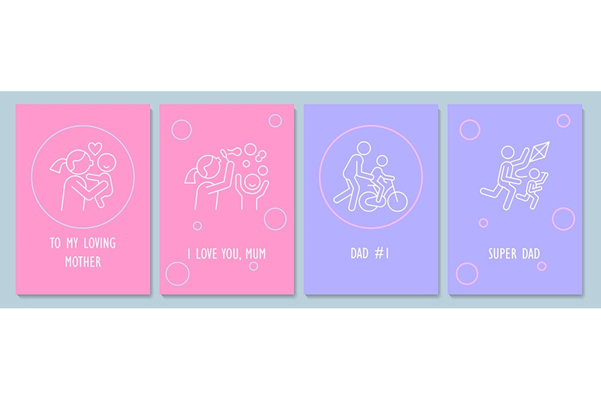 Mothers and fathers day postcard with linear glyph icon set